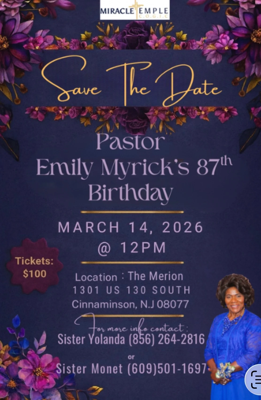 Save the Date - Pastor Emily Myrick 87th Birthday Celebration at The Merion on March 14 2026